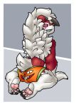 altenusy anthro border butt canid canine canis claws clothed clothing digital_media_(artwork) fluffy fur halloween holidays lycanroc male mammal midnight_lycanroc nintendo pok&eacute;mon pok&eacute;mon_(species) pupmkim simple_background smile solo underwear video_games were werecanid werecanine werewolf white_body white_border white_fur wolf 