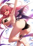  1girl :d ankle_ribbon arm_under_breasts arm_up armpits ass barefoot black_bra black_panties blush bra breasts cleavage cluseller commentary covered_nipples demon_girl demon_wings facing_away fangs head_wings highres koakuma large_breasts long_hair looking_at_viewer open_mouth panties red_eyes red_hair ribbon smile solo swimsuit touhou underwear water_drop wings 