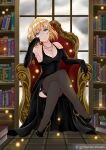  1girl absurdres arm_support armchair armpits bangs black_dress black_gloves black_legwear blonde_hair blue_eyes book bookshelf breasts chair cleavage cloud cloudy_sky collarbone commentary crossed_legs dress earrings elbow_gloves eyebrows_visible_through_hair formal garter_straps gloves head_rest head_tilt heart heart_earrings highres hololive hololive_english jewelry knees_together_feet_apart looking_at_viewer necklace parted_lips popcornflakes seiza short_hair sidelocks sitting sky solo spaghetti_strap virtual_youtuber watson_amelia window 