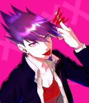  1boy artist_name bangs censored collarbone collared_shirt commentary_request danganronpa ear_piercing earrings facial_hair goatee jacket jewelry looking_at_viewer male_focus middle_finger momota_kaito nagi_to_(kennkenn) new_danganronpa_v3 open_clothes open_shirt piercing pink_background pink_eyes purple_hair purple_jacket red_shirt shirt solo spiked_hair tongue tongue_out upper_body white_shirt 