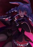  1girl absurdres animal_ears blazblue blazblue:_cross_tag_battle blue_hair braid bunny_ears clenched_hand cosplay highres hololive looking_down open_mouth rachel_alucard rachel_alucard_(cosplay) red_eyes ruipi solo twin_braids usada_pekora virtual_youtuber 