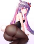  1girl alternate_costume animal_ears ass bare_arms bare_shoulders bindong black_legwear blush bow breasts bunny_tail double_bun genshin_impact hair_bow highres keqing leotard looking_at_viewer lying pantyhose playboy_bunny purple_eyes purple_hair red_bow simple_background tail twintails white_background 