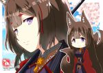  1girl amagi_(azur_lane) animal_ears azur_lane brown_hair cherry_blossoms chibi commentary_request eyeshadow fox_ears fox_girl fox_tail japanese_clothes kyuubi long_hair looking_at_viewer makeup multiple_tails signature silver_eyes smile solo tail taisa_(kari) thick_eyebrows twitter_username wide_sleeves zoom_layer 