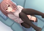  1girl akahi242 black_legwear blue_shorts brown_eyes brown_hair couch eyebrows_visible_through_hair grey_sweater hair_between_eyes looking_at_viewer lying no_shoes on_back original pantyhose pillow polka_dot_pillow shorts smile solo sweater 