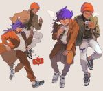  2boys alternate_costume bangs beanie blush brown_coat brown_pants brown_sweater clenched_hands coat coffee_cup commentary_request cup disposable_cup earrings fang fingernails flying_sweatdrops gen_4_pokemon hat highres holding holding_cup jewelry leon_(pokemon) long_hair male_focus multiple_boys open_mouth orange_headwear pants pokemon pokemon_(game) pokemon_swsh purple_hair raihan_(pokemon) rotom rotom_phone running shoes smile sneakers socks steam sweater tokeru tongue white_legwear white_pants white_sweater 