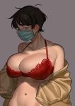  1girl black_hair blush bra breasts chromatic_aberration commentary covered_mouth curvy embarrassed english_commentary highres huge_breasts lace lace_bra lingerie mask mole mole_under_eye mouth_mask navel nia_(nia4294) off-shoulder_coat original out-of-frame_censoring red_bra short_hair sleeves_past_wrists solo surgical_mask trench_coat underwear 