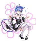  1girl :3 :d animal_ear_fluff animal_ears apron bangs black_footwear black_ribbon black_sleeves blue_eyes blue_hair blush bow breasts cat_ears cat_girl cat_tail cleavage commentary detached_sleeves dress dress_bow eyebrows_visible_through_hair fang frilled_apron frilled_dress frills full_body garter_straps hair_ornament hair_over_one_eye highres juliet_sleeves kemonomimi_mode knees_together_feet_apart long_sleeves looking_at_viewer maid maid_apron maid_headdress mary_janes medium_breasts n15e open_mouth paw_pose pink_ribbon puffy_sleeves re:zero_kara_hajimeru_isekai_seikatsu rem_(re:zero) ribbon ribbon-trimmed_legwear ribbon_trim roswaal_mansion_maid_uniform shoes short_hair smile solo sparkle tail tail_ribbon thighhighs underbust white_apron white_background white_bow white_legwear wide_sleeves x_hair_ornament 