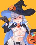  1girl 7eddy bandages black_gloves bow breasts budget_sarashi candy cape commentary_request detached_sleeves food girls_frontline gloves gun halloween handgun hat looking_at_viewer medium_breasts navel official_alternate_costume open_mouth orange_background pumpkin red_eyes sarashi silver_hair solo tokarev_(girls_frontline) tokarev_tt-33 weapon witch_hat 