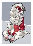  altenusy anthro balls border butt canid canine canis claws clothed clothing digital_media_(artwork) fluffy fur genitals halloween holidays lycanroc male mammal midnight_lycanroc nintendo pok&eacute;mon pok&eacute;mon_(species) simple_background smile solo video_games were werecanid werecanine werewolf white_body white_border white_fur wolf 