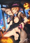  2girls aiba_yumi anal anal_object_insertion anal_tail animal_ears ass bare_shoulders barefoot black_headwear black_skirt bow breast_grab breasts breasts_outside casino_(casinoep) cat_ears censored commentary_request dated dildo double_anal dress fake_tail fangs feet floral_print frilled_sleeves frills grabbing grin halloween hat hat_bow highres holding idolmaster idolmaster_cinderella_girls indoors jack-o&#039;-lantern large_breasts light_brown_hair looking_at_another lube mosaic_censoring multiple_girls nipples object_insertion open_mouth pumpkin pussy pussy_juice sex_toy shiomi_shuuko short_hair short_sleeves signature skirt smile soles tail toes window witch witch_hat wolf_tail yuri 