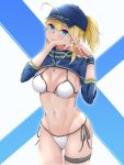  1girl ahoge artoria_pendragon_(all) baseball_cap bikini blonde_hair blue_eyes blue_headwear breasts cleavage cowboy_shot crossed_fingers fate/grand_order fate_(series) hair_between_eyes hair_through_headwear hat highres jacket large_breasts long_hair looking_at_viewer mysterious_heroine_xx_(foreigner) navel open_mouth orionstar ponytail shrug_(clothing) side-tie_bikini simple_background solo swimsuit thigh_strap white_bikini wristband 