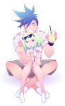  2boys androgynous blue_hair bracer burrrntlemon closed_eyes eyebrows_visible_through_hair eyewear_on_head floral_print food full_body galo_thymos green_hair grin highres holding hug hug_from_behind ice_cream ice_cream_cone lio_fotia looking_up male_focus multiple_boys promare purple_eyes shirt shorts simple_background sitting smile spiked_hair sunglasses symbol_commentary tongue tongue_out white_background yaoi 