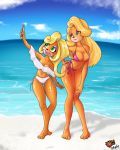  2019 4_toes activision anthro bandicoot barefoot beach big_breasts blonde_hair breasts cellphone clothing cloud coco_bandicoot crash_bandicoot_(series) day digital_media_(artwork) duo eyebrows eyelashes eyeliner female fingers fur gifted_lion green_eyes group_picture hair hi_res holding_object long_hair makeup mammal marsupial open_mouth outside phone seaside selfie sky smile standing swimwear tawna_bandicoot toes tongue video_games water 