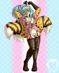  4:5 absurd_res aloha_shirt anthro arms_above_head bell blue_eyes blue_hair blue_nose blue_pawpads blue_pussy breasts canid canine cheetah chest_tuft cleavage clothed clothing collar digitigrade eyewear felid feline female fishnet fishnet_legwear fox genitals glasses hair heterochromia hi_res hybrid legwear lgbt_pride long_hair mammal multi_tail neko_ed no_underwear nonbinary_(lore) pawpads pride_colors pussy red_eyes solo stockings tigerinspace trans_(lore) trans_woman_(lore) transgender_pride_colors tuft 