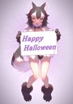  1girl absurdres animal_ears black_hair blue_eyes blush eyebrows_visible_through_hair fang grey_wolf_(kemono_friends) halloween heterochromia highres kemono_friends long_hair looking_at_viewer multicolored_hair navel open_mouth solo st.takuma tail two-tone_hair white_hair wolf_ears wolf_girl wolf_tail yellow_eyes 