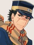 1boy black_hair brown_eyes closed_mouth face facial_hair facial_scar goatee golden_kamuy hat isa_(peien516) looking_at_viewer male_focus military military_hat military_uniform scar scar_on_cheek scarf shirt short_hair simple_background solo sugimoto_saichi uniform upper_body yellow_scarf 