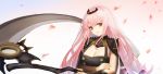  1girl absurdres anli breasts cleavage highres holding holding_own_arm holding_scythe hololive hololive_english long_hair looking_at_viewer mori_calliope pink_eyes pink_hair scythe solo tiara veil virtual_youtuber 