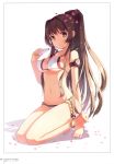  1girl absurdres bangs bare_shoulders barefoot bikini breasts brown_hair cleavage closed_mouth collarbone eyebrows_visible_through_hair full_body h2so4 highres holding kantai_collection kneeling long_hair looking_at_viewer medium_breasts navel page_number petals ponytail scan shadow simple_background smile solo stomach swimsuit thighs tied_hair toes underboob very_long_hair yamato_(kantai_collection) 