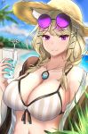  1girl animal_ear_fluff animal_ears aqua_nails arknights bangs bare_shoulders blonde_hair blue_sky blurry blurry_background braid breasts cleavage cloud commentary cup day drinking_glass drinking_straw eyebrows_visible_through_hair eyewear_on_head hand_up hat highres holding holding_cup jewelry large_breasts long_hair looking_at_viewer nail_polish navel off_shoulder open_clothes pendant purple_eyes sky smile solo stomach sun_hat sunglasses tacticsalt twin_braids upper_body utage_(arknights) 