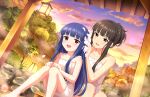  2girls artist_request bangs black_hair blue_hair blunt_bangs blush brown_eyes collarbone eyelashes flat_chest idolmaster idolmaster_cinderella_girls idolmaster_cinderella_girls_starlight_stage kurokawa_chiaki looking_at_another multiple_girls naked_towel official_art onsen outdoors red_eyes rock sajo_yukimi shampoo sitting stool sunset tied_hair towel tree washing_hair 