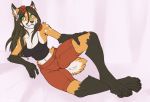  2020 4_toes 5_fingers anthro black_hair breasts canid canine clothed clothing digital_media_(artwork) felid female fingers fox green_eyes hair hi_res hybrid machairodontine mammal navel redcreator smile solo toes 