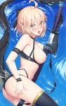  1girl ahoge bangs bare_shoulders bikini black_bikini blush bow breasts fate/grand_order fate_(series) hair_bow katana large_breasts looking_at_viewer navel nipples okita_souji_(fate)_(all) okita_souji_(swimsuit_assassin)_(fate) open_mouth pussy shadowgrave short_hair swimsuit sword thighs tongue tongue_out water weapon 