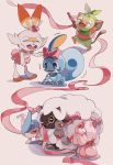  alcremie blue_eyes bow closed_eyes commentary_request fang gen_8_pokemon grookey happy hatenna heart highres holding holding_bow holding_stick no_humans open_mouth pink_ribbon pink_skirt pokemon pokemon_(creature) ribbon scorbunny skirt sobble standing stick tearing_up toes tokeru tongue trembling wooloo 
