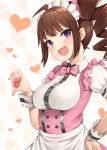  1girl :d ahoge apron bangs binsen blush bow bowtie breasts brown_hair collared_shirt drill_hair eyebrows_visible_through_hair hand_on_hip hand_up heart highres idolmaster idolmaster_million_live! idolmaster_million_live!_theater_days looking_at_viewer maid_headdress medium_breasts open_mouth pink_neckwear puffy_short_sleeves puffy_sleeves purple_eyes shirt short_sleeves side_drill side_ponytail smile solo uniform waist_apron white_apron white_shirt wrist_cuffs yokoyama_nao 