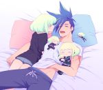  2boys androgynous ass bed_sheet black_shirt blue_hair bulge burrrntlemon facing_another galo_thymos green_hair highres light_smile lio_fotia lying male_focus miniboy multiple_boys on_back on_stomach open_mouth otoko_no_ko pants pillow promare purple_eyes shirt short_shorts shorts sleeping spiked_hair symbol_commentary underwear white_shirt yaoi 