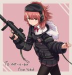  1girl commission girls_frontline gun h&amp;k_mp7 mp7_(girls_frontline) pantyhose red_hair red_nails side_ponytail skeb_commission solo submachine_gun weapon yakob_labo yellow_eyes 