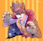  1boy animal_ears bangs bat blue_shirt brown_hair brown_jacket commentary_request crescent_print cropped_torso danganronpa diagonal_stripes facial_hair fur_trim gloves goatee halloween_costume jacket jacket_on_shoulders looking_at_viewer male_focus momota_kaito nagi_to_(kennkenn) nail_polish new_danganronpa_v3 open_mouth orange_background orange_vest paw_gloves paws shirt short_hair solo space_print spiked_hair starry_sky_print striped striped_background two-tone_background vest wolf_ears wolf_paws 