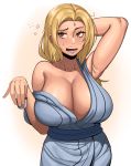  1girl absurdres blonde_hair blush breasts brown_eyes cleavage cup dazed drinking_glass drooling drunk forehead_jewel gem glass highres huge_breasts japanese_clothes kevbot kimono long_hair mature messy_hair naruto naruto_(series) saliva shot_glass tsunade wardrobe_malfunction 