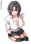  1girl black_hair black_legwear black_skirt blush breasts cleavage collarbone collared_shirt cropped_legs ebifurya eyebrows_visible_through_hair garter_straps gloves highres kantai_collection large_breasts open_mouth panties pencil_skirt red_eyes red_panties shirt short_hair simple_background skirt solo takao_(kantai_collection) thighhighs twitter_username underwear white_background white_gloves white_shirt 