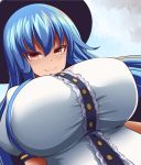  1girl alternate_breast_size black_headwear blue_hair blush breasts buttons celestial commentary_request curvy eyelashes frilled_shirt frills hair_between_eyes highres hinanawi_tenshi huge_breasts long_hair looking_at_viewer red_eyes shirt short_sleeves smile solo touhou white_shirt xialu_zajin 