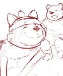  12beat13 2020 anthro bottomwear canid canine clothing duo eyes_closed kemono live-a-hero male mammal overweight overweight_male raccoon_dog shirt shoen shorts simple_background sketch tanuki topwear ursid video_games white_background 