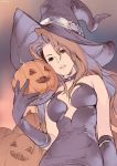  1girl breasts brown_hair choker dress food gloves halloween hat hat_belt highres holding holding_food holding_pumpkin holding_vegetable jack-o&#039;-lantern kotatsu_(g-rough) long_hair looking_at_viewer medium_breasts parted_lips pumpkin purple_choker purple_dress purple_gloves purple_headwear smile solo tactics_ogre upper_body vegetable witch_hat 