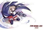  1girl artist_request azur_lane bare_shoulders bow breasts brown_gloves cape capelet character_name cloak detached_sleeves eyebrows_visible_through_hair full_body gloves hair_bow holding holding_weapon iron_cross large_breasts light_brown_hair looking_at_viewer medium_hair pleated_skirt purple_cape purple_eyes purple_legwear purple_sleeves red_skirt retrofit_(azur_lane) simple_background skirt solo thighhighs weapon white_background z23_(azur_lane) zettai_ryouiki 