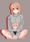  1girl :3 absurdres animal_ear_fluff arcueid_brunestud barefoot blonde_hair blush blush_stickers grey_background grey_sweater hair_between_eyes highres indian_style looking_at_viewer nekoarc pikaremon red_eyes short_hair sitting smile solo sweater tsukihime 