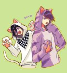  2boys :d animal_costume animal_ears arms_up black_hair cat_costume cat_ears cat_paws cat_tail checkered checkered_scarf commentary_request cropped_torso danganronpa fake_animal_ears fake_tail fang green_background hair_between_eyes hand_up hood hoodie looking_at_viewer male_focus momota_kaito multiple_boys nagi_to_(kennkenn) new_danganronpa_v3 open_mouth ouma_kokichi paws purple_eyes purple_hair scarf simple_background smile tail translation_request white_hoodie 