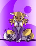  2018 anthro arm_warmers armwear bassybefuddle black_nose black_sclera blue_eyes breasts clothing countershade_face countershade_torso countershading covering covering_crotch crossed_legs digimon digimon_(species) digital_media_(artwork) dipstick_ears dipstick_tail facial_markings female fur head_markings leg_markings looking_at_viewer markings mostly_nude multicolored_body multicolored_ears multicolored_fur multicolored_tail navel nipples nude paws renamon sad simple_background sitting solo thigh_marking two_tone_body two_tone_fur white_body white_fur yellow_body yellow_fur 