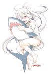  1girl asashimo_(kantai_collection) barefoot blush closed_eyes curled_up ebifly facing_viewer green_panties kantai_collection open_mouth panties sharp_teeth shirt simple_background sleeping solo stuffed_animal stuffed_shark stuffed_toy teeth toenails twitter_username underwear white_background white_shirt 