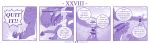  4koma ambiguous_gender anthro braver_(character) clothing comic dialogue disaster_dragon dragon duo english_text feral gameplay_mechanics health_bar hi_res kobold mask melee_weapon monochrome profanity purple_theme scalie speech_bubble text vavacung weapon wings 