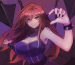  1girl absurdres bare_shoulders belt black_nails blue_eyeshadow bracelet breasts chain closed_fan closed_mouth collarbone eyebrows_visible_through_hair eyes_visible_through_hair eyeshadow fan fingernails floating folding_fan hair_between_eyes highres jewelry league_of_legends long_hair makeup pentakill_(league_of_legends) pentakill_sona red_hair shoulder_tattoo sketch solo sona_buvelle spiked_bracelet spikes tarou_(natyou) tattoo 