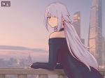  1girl against_railing ak-15_(girls_frontline) bare_shoulders black_choker blurry blurry_background building choker day depth_of_field dress earrings from_behind girls_frontline hair_over_one_eye j_adsen jewelry light_blush long_hair long_sleeves looking_at_viewer looking_back moscow one_eye_covered outdoors parted_lips photo_background ponytail purple_eyes purple_hair railing skyscraper solo strapless strapless_dress 