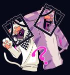  2boys ? animal_costume animal_ears arms_up black_background black_hair blood blood_from_mouth cat_costume cat_ears cat_paws cat_tail checkered checkered_scarf commentary_request covering_eyes cropped_torso danganronpa fake_animal_ears fake_tail grin hair_between_eyes hand_up hood hoodie iei looking_at_viewer male_focus momota_kaito multiple_boys nagi_to_(kennkenn) new_danganronpa_v3 ouma_kokichi paws pink_blood purple_hair scarf simple_background smile spoilers tail translation_request white_hoodie 