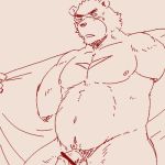  1:1 2020 anthro balls belly blush clothed clothing genitals juuichi_mikazuki kemono low_res male mammal morenatsu musclegut navel nipples open_clothing open_shirt open_topwear penis run_aki shirt sketch slightly_chubby solo topwear ursid video_games visual_novel 