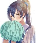  1girl bangs blue_hair blush commentary_request covered_mouth hair_between_eyes hair_tie highres long_hair looking_at_viewer love_live! love_live!_school_idol_project pom_poms ponytail rococomm123 simple_background solo sonoda_umi upper_body white_background yellow_eyes 