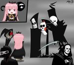  1girl 6+boys annoyed black_eyes breasts character_request cleavage copyright_request crossover death-sensei_(mori_calliope) death_(entity) grim_(grim_adventures) grim_fandango highres hololive hololive_english looking_down manuel_calavera maverick_(infamousnoir) mori_calliope mr._grimm multiple_boys multiple_crossover pink_eyes pink_hair red_eyes shinigami_sama soul_eater the_grim_adventures_of_billy_&amp;_mandy the_seventh_seal trait_connection twisted_metal virtual_youtuber 