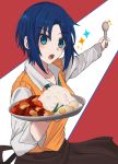  1girl absurdres apron blue_eyes blue_hair blush ciel curry curry_rice egg food highres pikaremon rice short_hair solo spoon sweater_vest tsukihime vest yellow_vest 