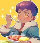  1boy :t blush closed_mouth commentary_request curry dark_skin dark_skinned_male eating food fur-trimmed_jacket fur_trim hand_up highres holding holding_spoon hop_(pokemon) jacket male_focus outline pokemon pokemon_(game) pokemon_swsh purple_hair radioz shirt short_hair smile solo sparkle sparkling_eyes spoon steam yellow_background yellow_eyes 